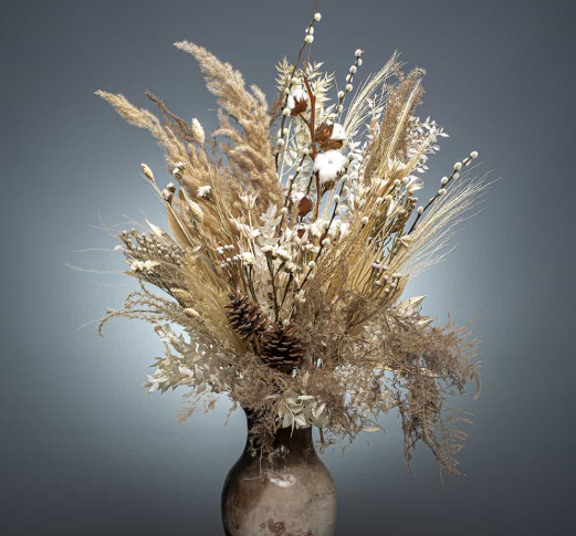 Preserved floral arrangement in soft morning light